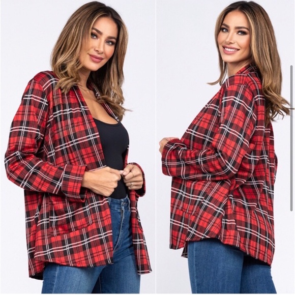 USA made women’s tartan plaid pocket cardigan cover up plaid fall top - Picture 2 of 3